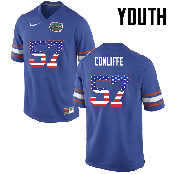 Youth Florida Gators #57 Elijah Conliffe College Football USA Flag Fashion Jerseys-Blue - Click Image to Close